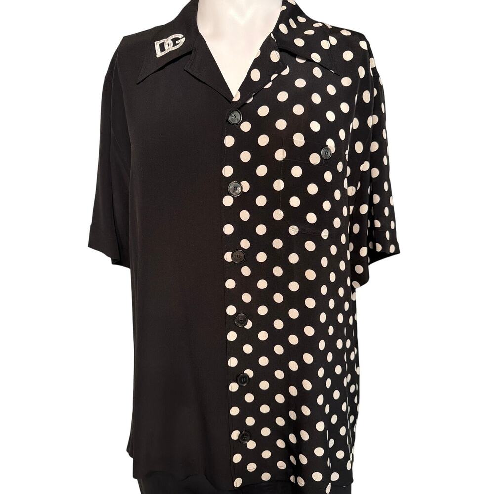 Dolce & Gabbana Half Polka Dot Silk Hawaiian Shirt Black sz M Embroider DG Logo